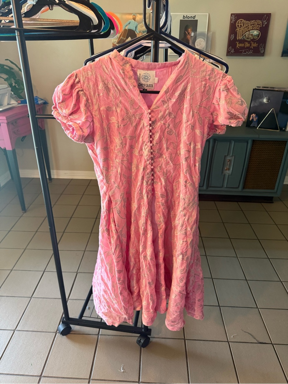 Pink Floral Midi Dress with Puff Sleeves